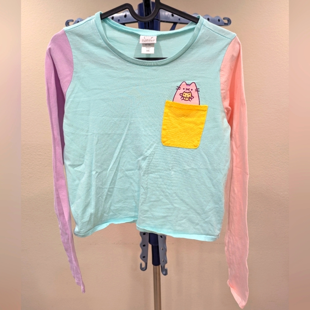 Pusheen Color Block Long-Sleeve Cropped T-Shirt Juniors XS